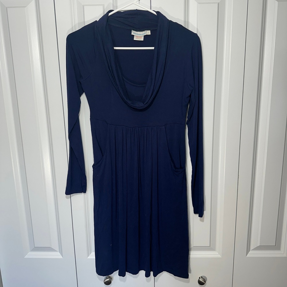 JoJo Maman Bebe Maternity Dress Women XS Navy Cowl Neck Nursing Pockets Soft